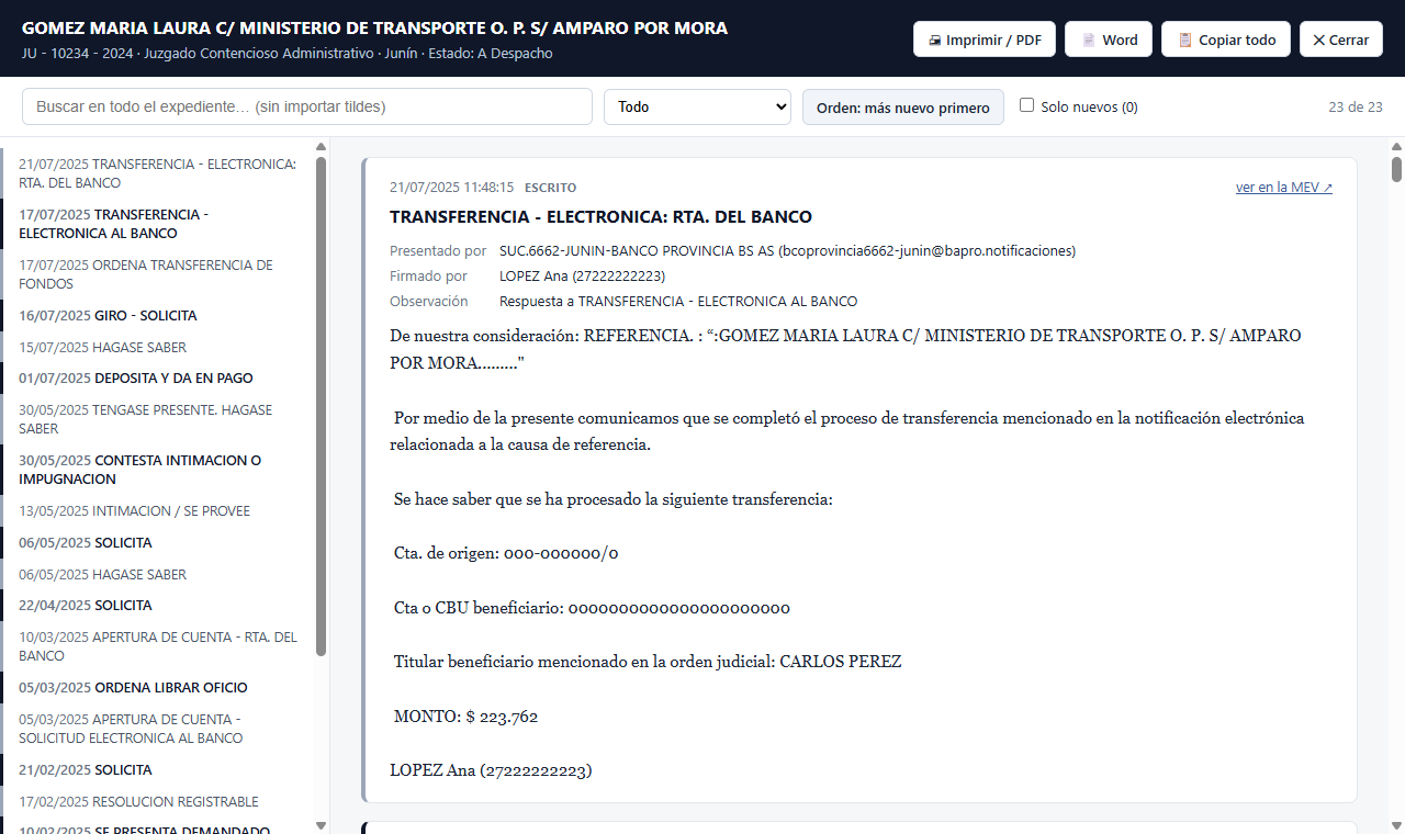 MEV Lector mostrando un expediente completo con índice a la izquierda